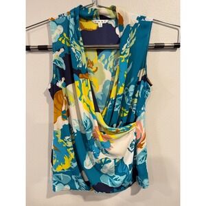 Cabi Spring Blossom Wrap Top Women's Medium White Blue Abstract Print Sleeveless